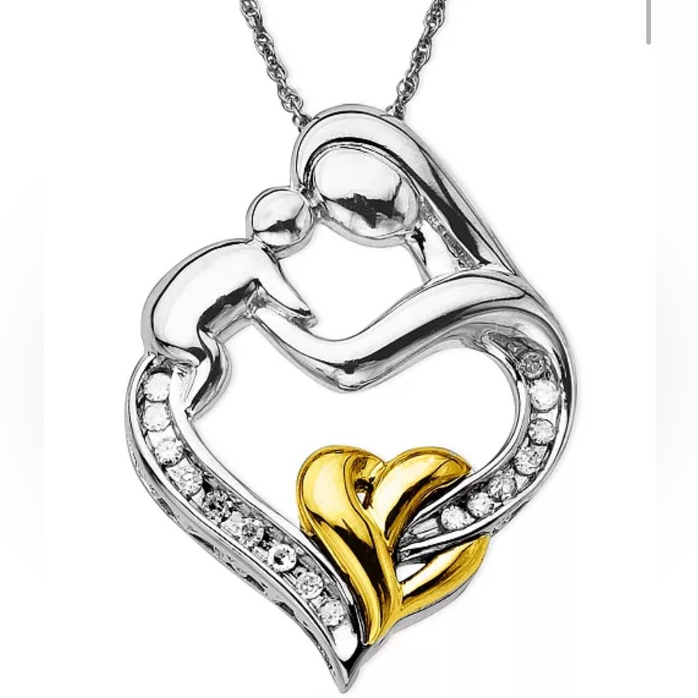 Mother & Infant Diamond Pendant Necklace in 14k Gold & Sterling Silver (1/10)ct